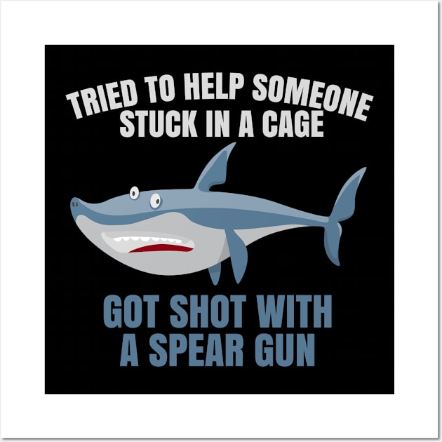 Funny shark cage spear gun design. Wall Art by SzarlottaDesigns